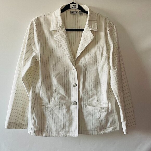 Chico's Womens White Single Breasted Striped Lightweight Blazer Jacket Sz 2 US L - Picture 1 of 7